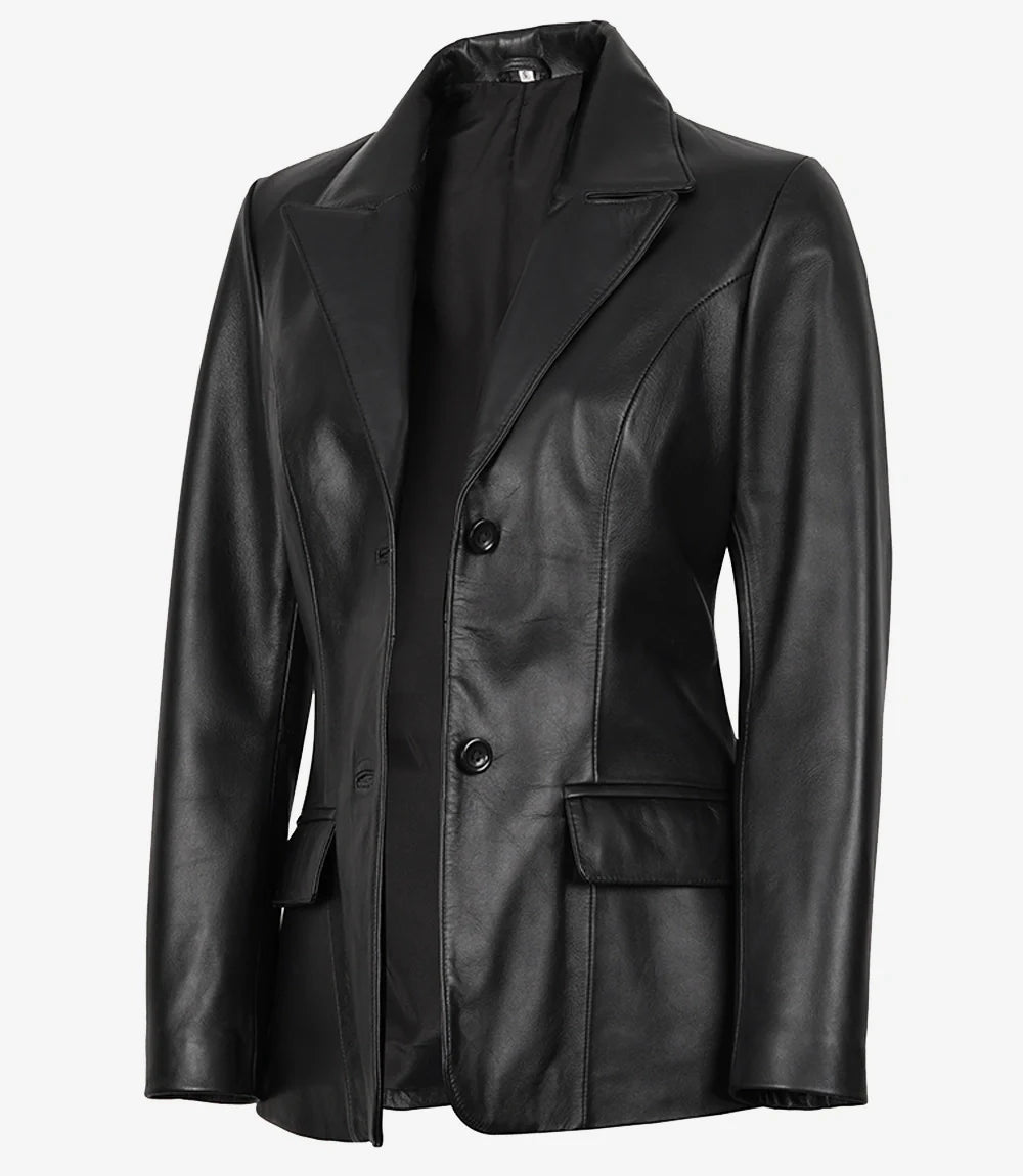 Vicenza Women's Black Two-Button Leather Blazer