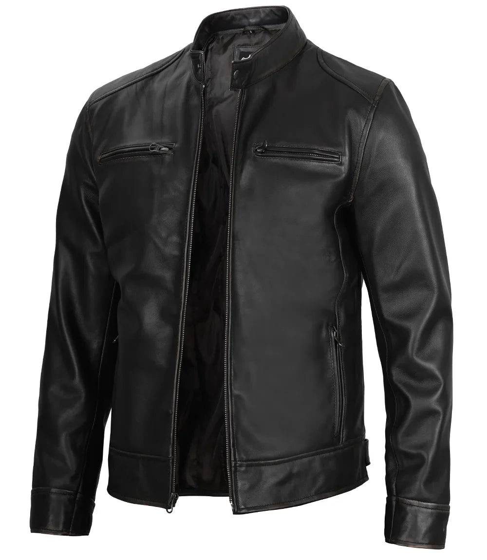 Dodge Men's Black Cafe Racer Leather Jacket
