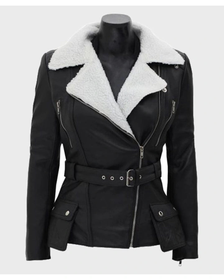 Natalie Shearling Leather Black Belted Biker Jacket