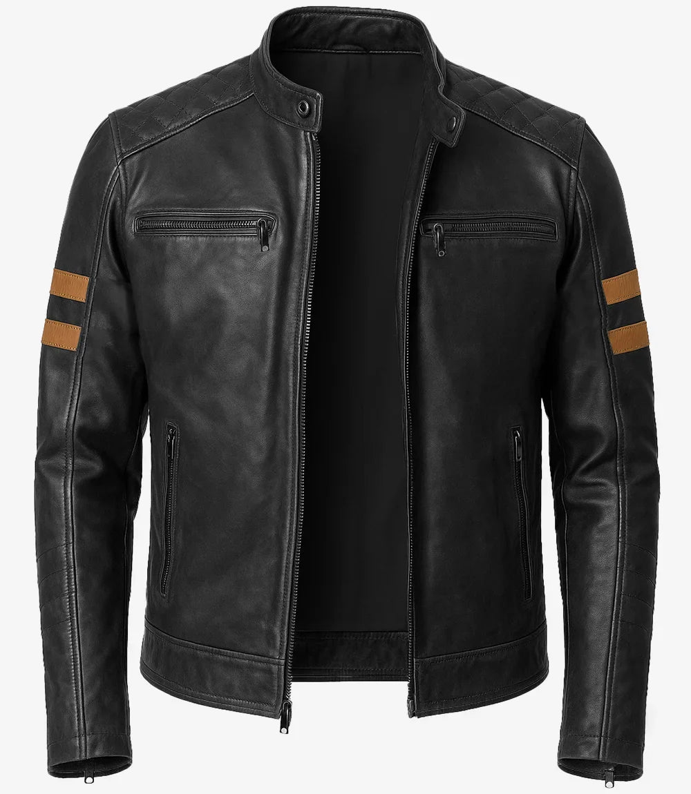 Mens Black Biker Style Leather Jacket with Tan Accent Stripes