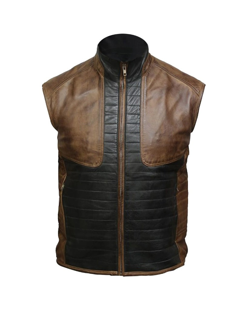 Men Brown & Black Leather Vest