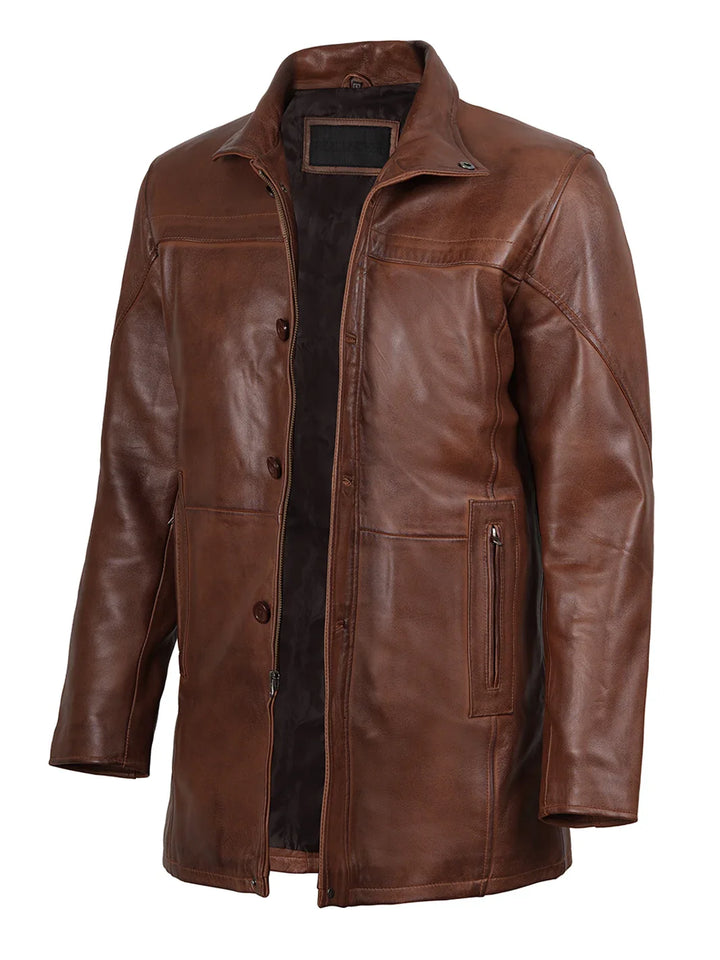 Bristol Men's Vintage Cognac Brown Leather Car Coat