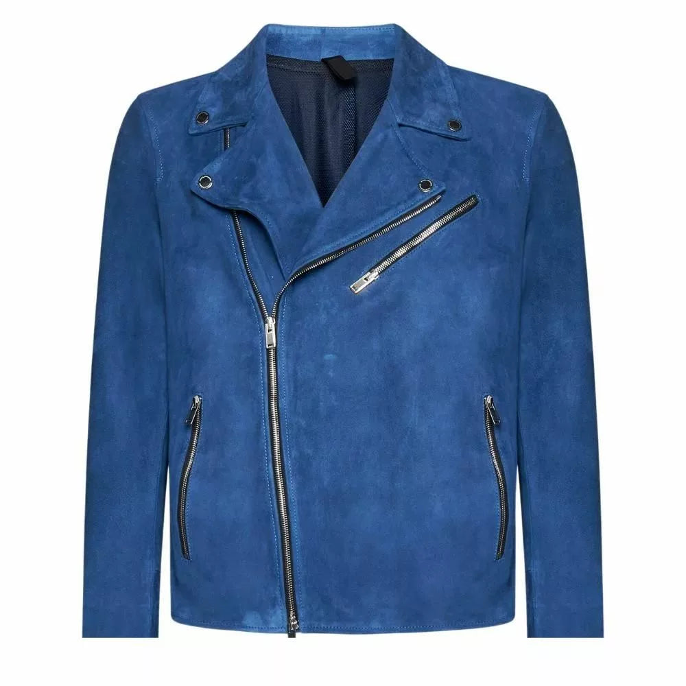 Mens Blue Suede Biker Leather Jacket