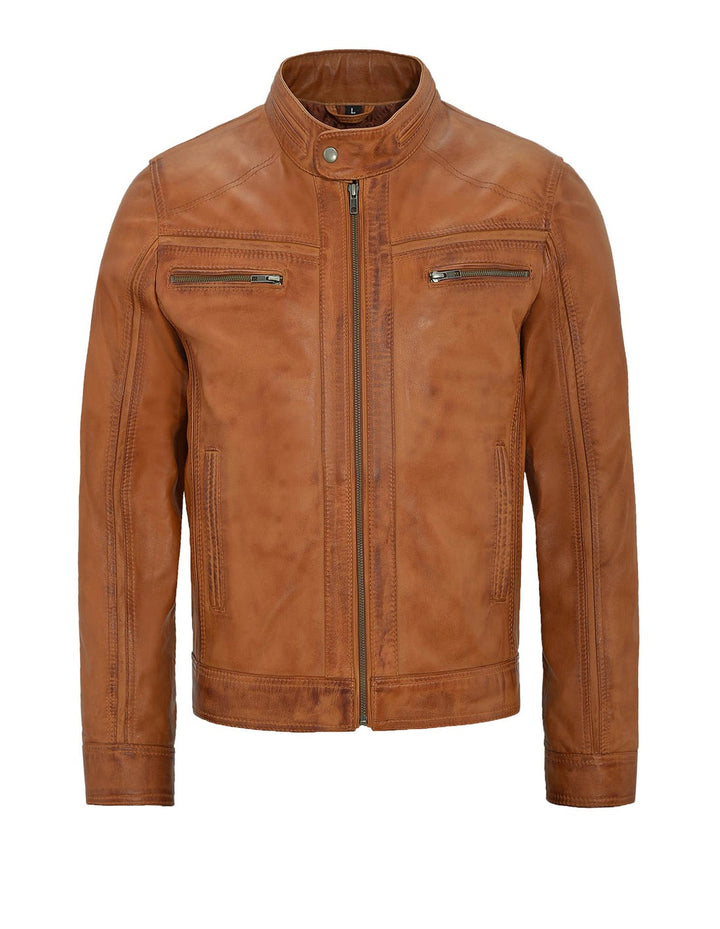 Tan Leather Motorcycle Jacket For Men