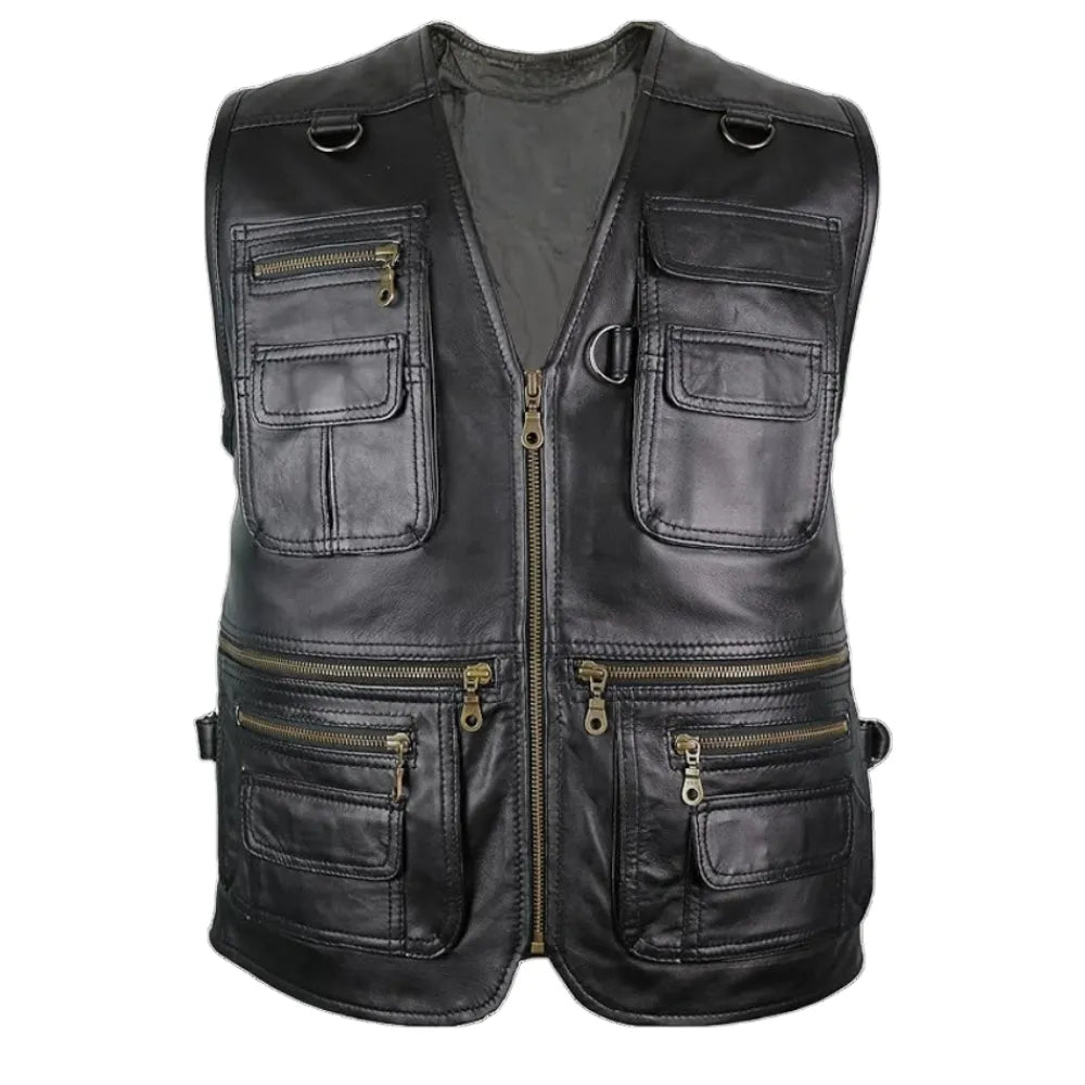 Men’s Black V-Neck Hunting Leather Vest