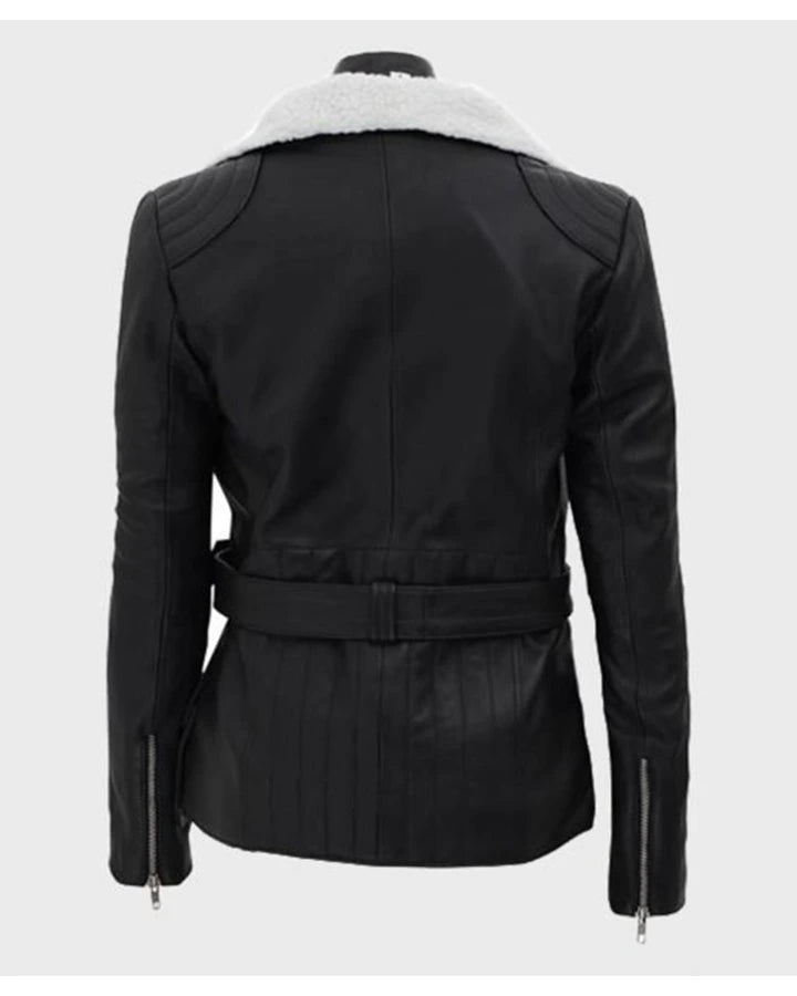 Natalie Shearling Leather Black Belted Biker Jacket