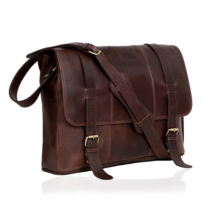 LUXE VOYAGER LEATHER MESSENGER  BROWN  18 L x 5 W x 13 H
