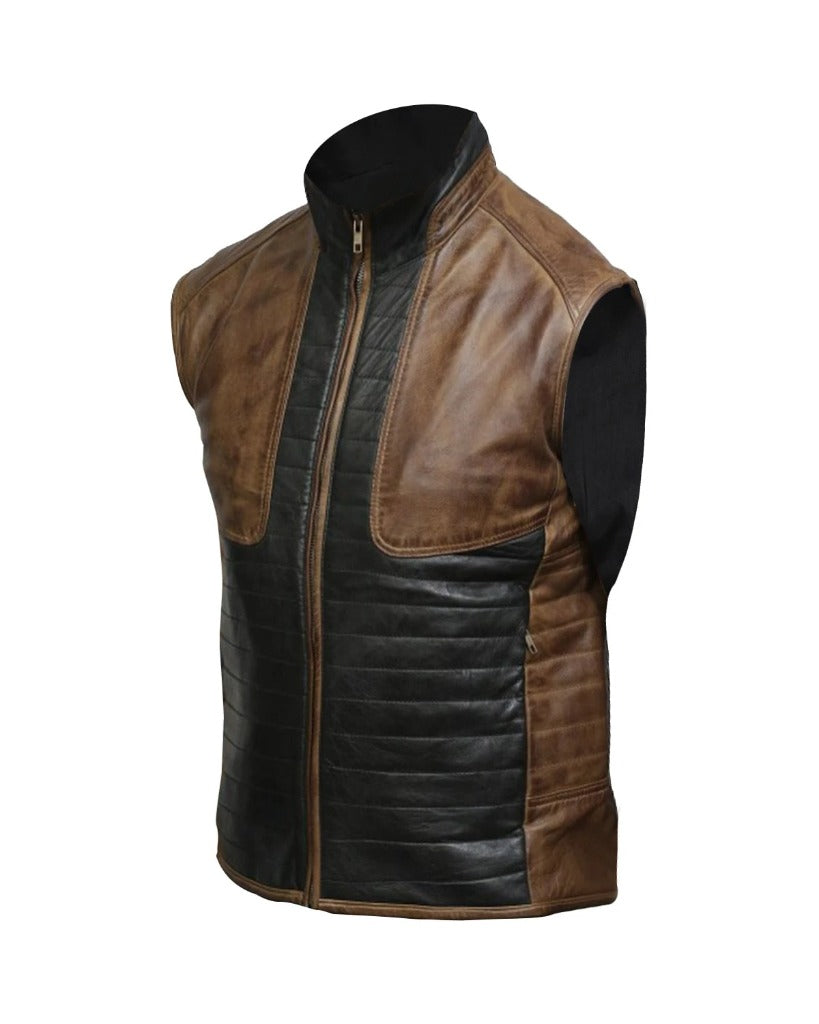 Men Brown & Black Leather Vest