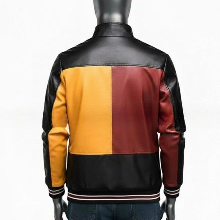 Mens Color Block Genuine Leather Jacket  Maroon  Mustard Panel Design