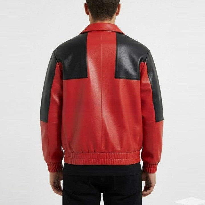 Red and Black Color Block Leather Jacket for Men  Urban Streetwear Zip Jacket