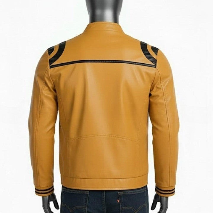 Mens Tan Genuine Leather Jacket  High Neck Front Pockets