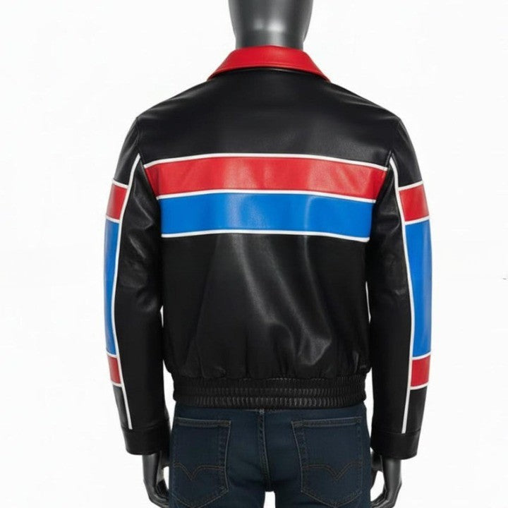 Black Jacket with Red and Blue Panel Design For Men  Genuine Leather Puffer Coat
