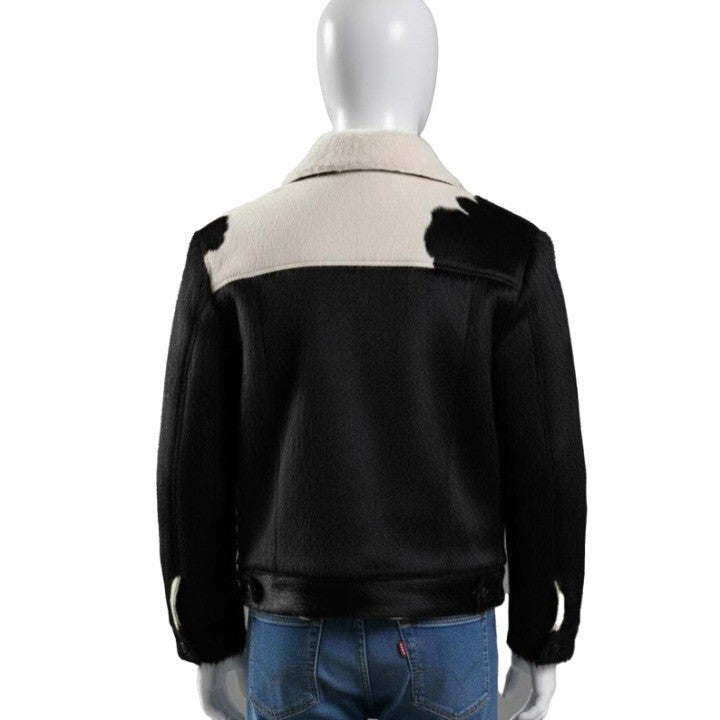 Mens Black and Ivory Panel Leather Jacket with Soft Collar  Contemporary Everyday Outerwear