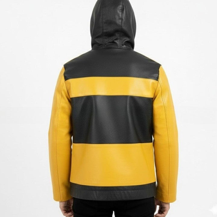 Mens Black and Yellow Leather Hooded Jacket with Front Pockets  Casual Zip Front Jackets