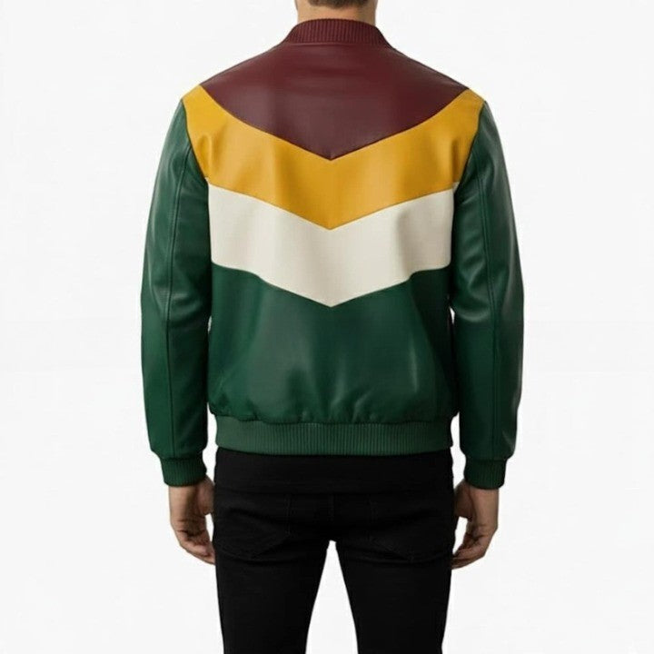 Mens Green Leather Jacket with Yellow  Cream Panel Design  Modern Zip Front Casual Jacket