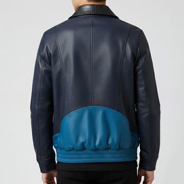 Mens Two Tone Leather Jacket   Navy  Teal Zip Up Casual Biker Style Coat