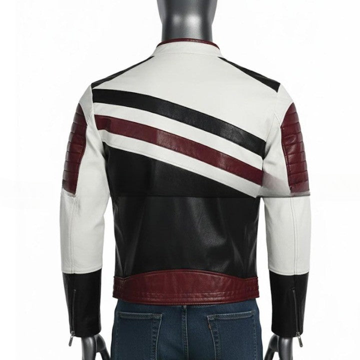 Mens Genuine Leather Racing Jacket  Contrast Panel Fashion Coat