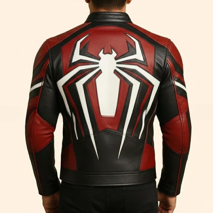 Black and Red Original Leather Jacket with Angular Geometric Line Design