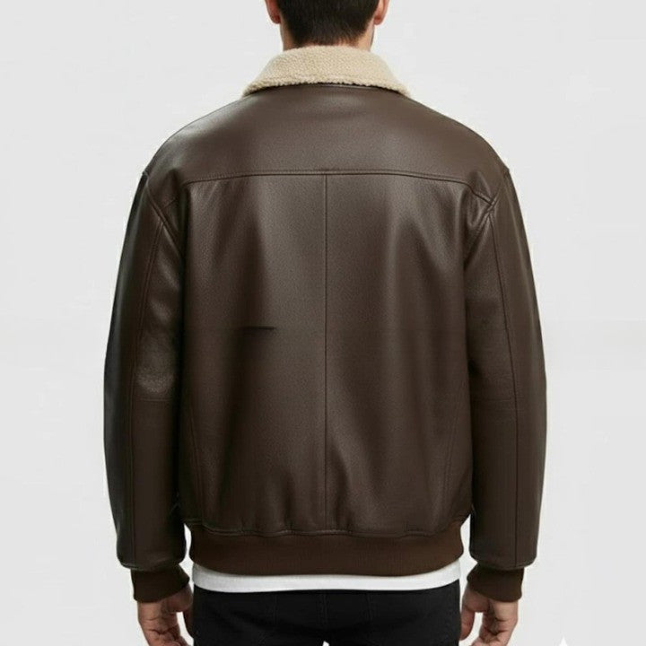 Mens Brown Genuine Leather Bomber Jacket  Sherpa Collar Aviator Style