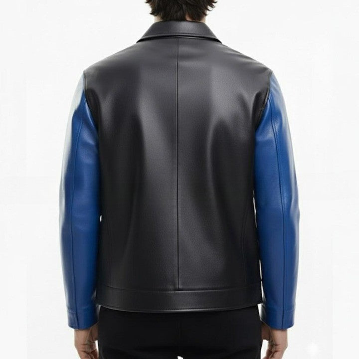 Mens Black  Blue Genuine Leather Jacket  Modern Zip Front