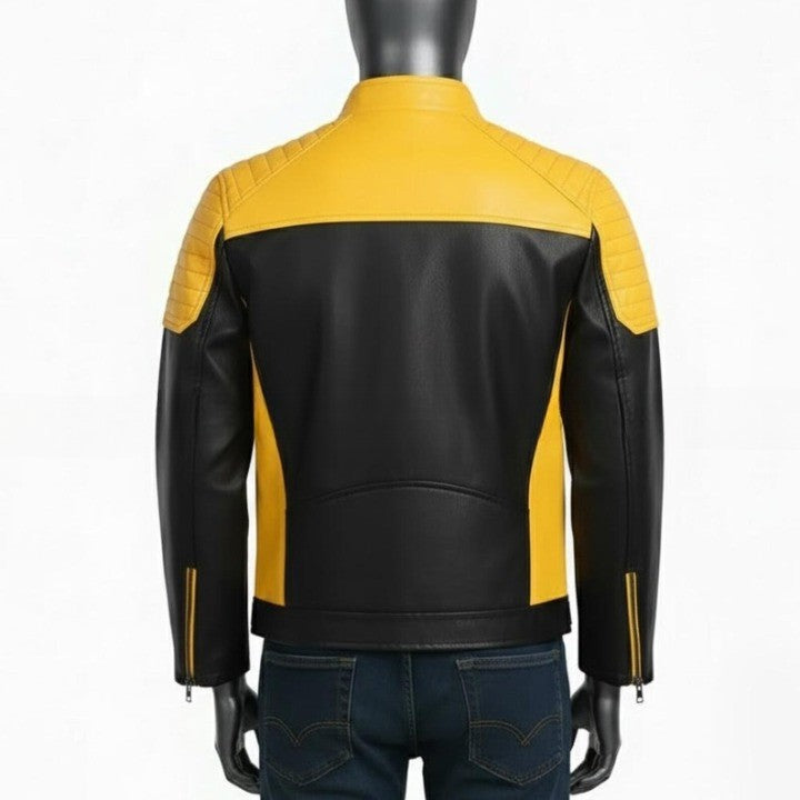 Mens TwoTone Genuine Leather Jacket  Black  Yellow Trim
