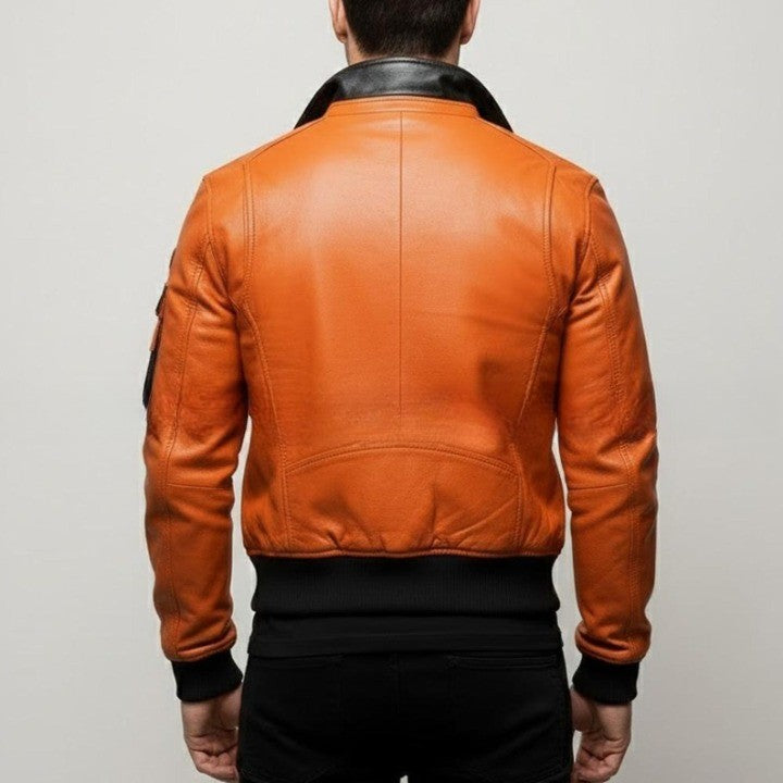 Original Leather Orange Zipper Jacket with Black Contrast Pocket And Collar Details