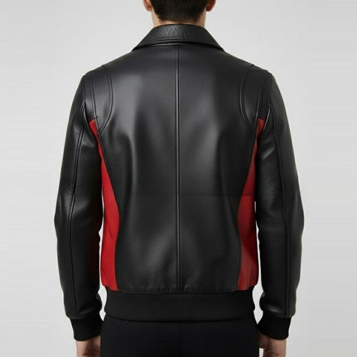 Mens Red and Black Leather Bomber Jacket Genuine Leather Zip Up Jacket Modern Two Tone Moto Style Coat Streetwear Biker Jacket Gift