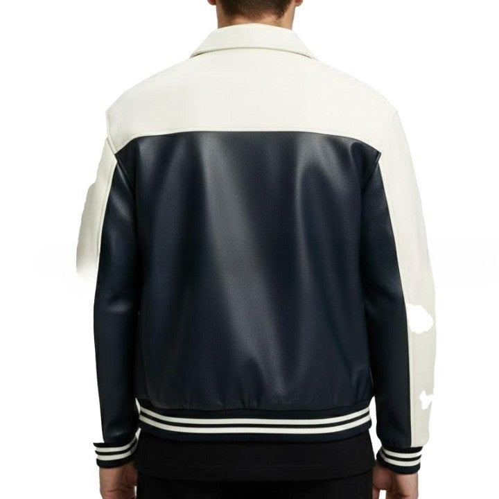 Two Tone Black and Cream Mens Leather Jacket with Front Zip and Ribbed Cuffs
