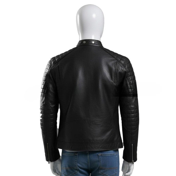 Genuine Leather Black Zipper Jacket with Quilted Shoulder Texture