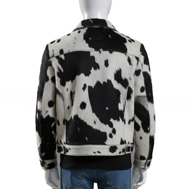 Mens Black and White Hig Contrast Pattern Leather Jacket with Front Buttons  Modern Casual Outerwear