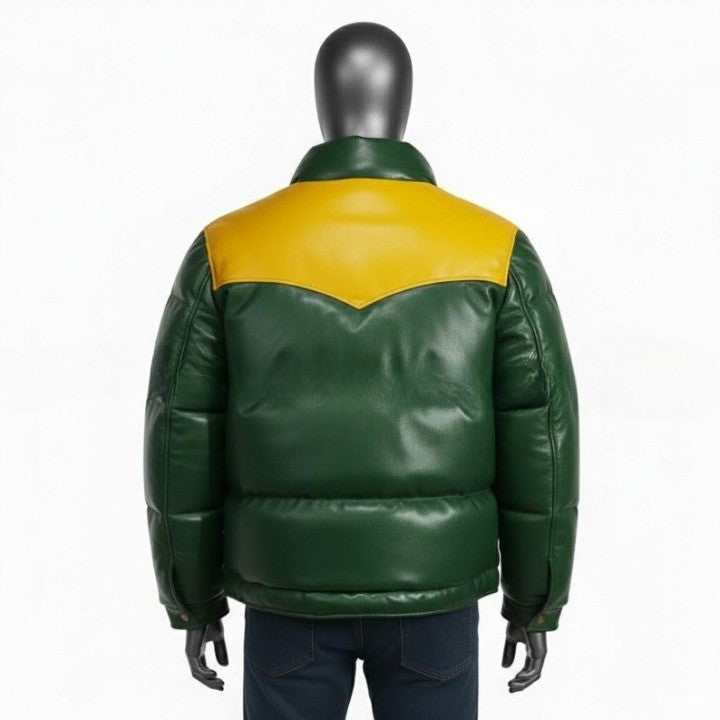 Mens Green Leather Puffer Jacket  Yellow Yoke Winter Coat