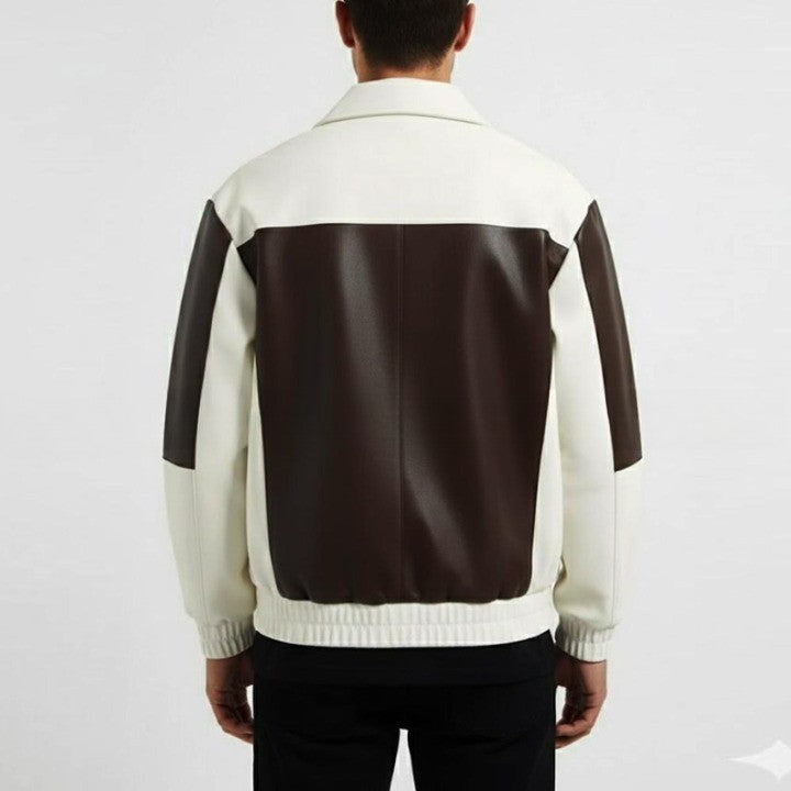 Two Tone Genuine Leather Jacket  Cream  Brown Zip Front