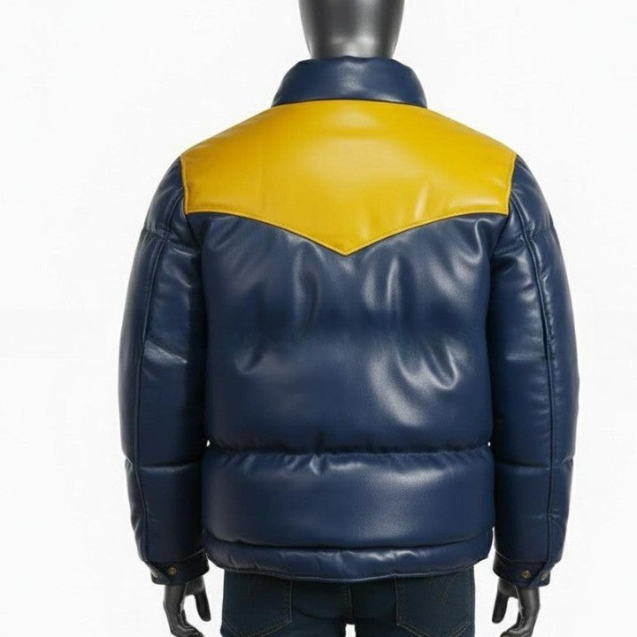 Blue Puffer Jacket with Yellow Shoulder Panels for Men  Genuine Leather Puffer Coat