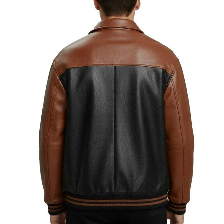 Men’s Brown & Black Leather Bomber Jacket – Classic Contrast Zip-Up Style