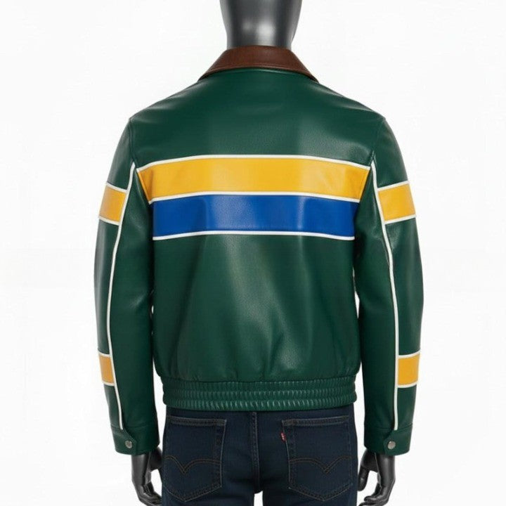 Genuine Leather Blue Jacket with Yellow And Blue Accent Panels