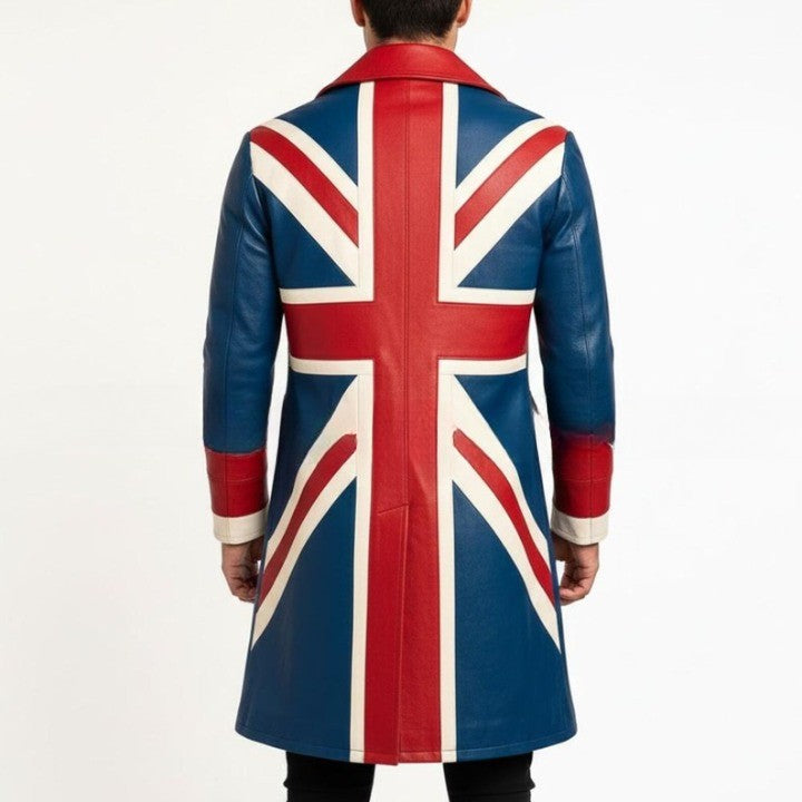 Genuine Leather Long Color Block UK Flag Coat with Geometric Panel Design