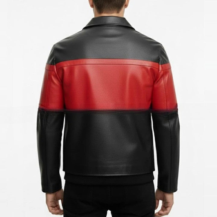 Red Stripe Black Leather Jacket for Men Modern Panel Design Zip Jacket