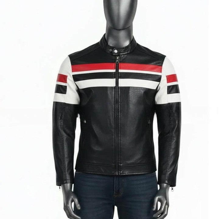 Mens Brown Leather Jacket with Cream Panel Design  Modern Zip Front Casual Jacket