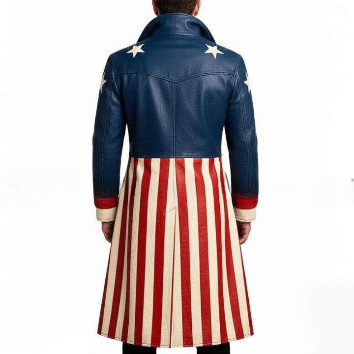 Genuine Leather American USA Flag Long Blue Statement Coat With Star and Stripe Pattern