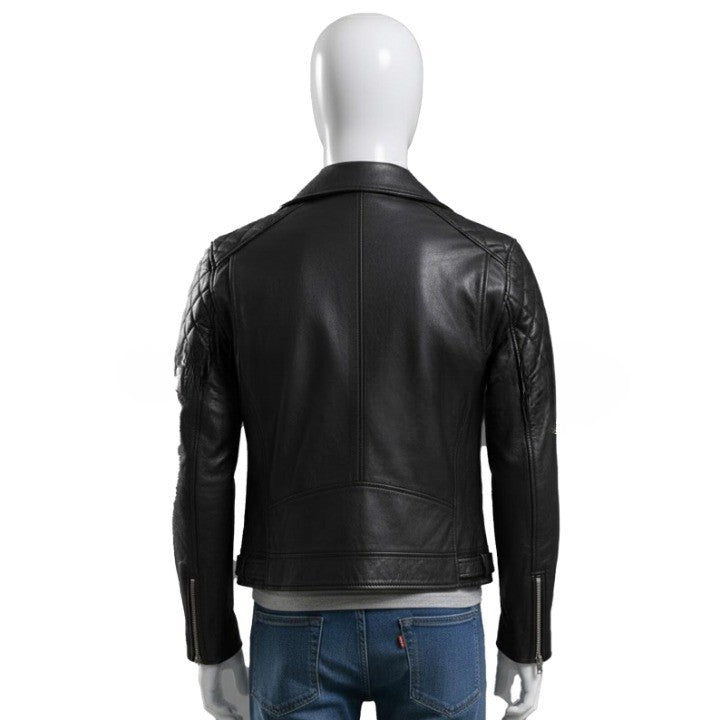 Original Leather Classic Black Moto Jacket with Quilted Shoulder Panels