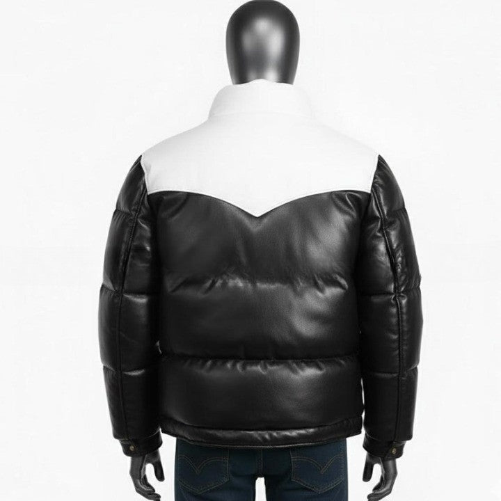 Black Padded Jacket with White Yoke Detail For Men  Genuine Leather Puffer Coat