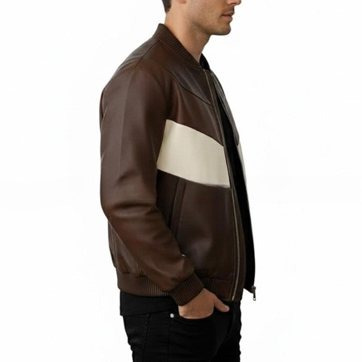 Mens Black Genuine Leather Jacket  Red  White Stripe Detail