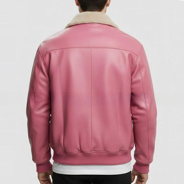 Pink Leather Jacket with Soft Shearling Collar for Men