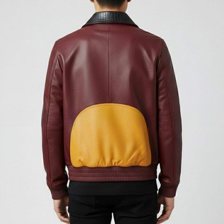 Mens Two Tone Leather Jacket  Burgundy  Mustard Zip Up Casual Retro Style Coat