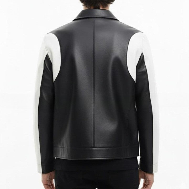 Mens Black  White Genuine Leather Jacket  Modern Zip Front