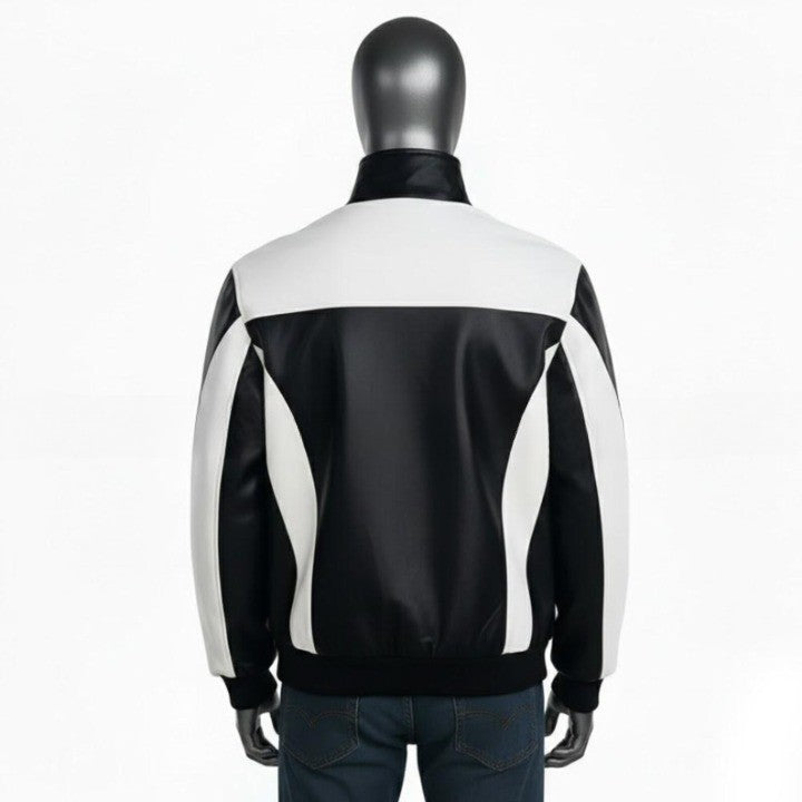 Mens TwoTone Genuine Leather Jacket  Black  White Street Style