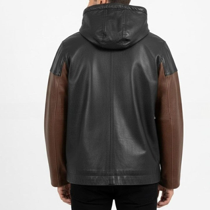 Mens Black and Brown Leather Hooded Jacket with Front Pockets  Casual Zip Front Outerwear