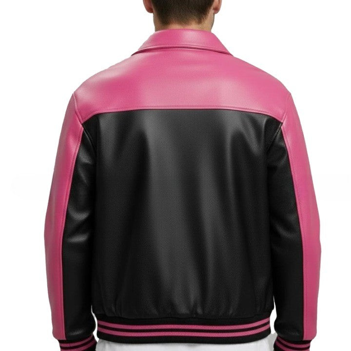 Pink and Black Mens Genuine Leather Jacket with Zip Front and Contrast Panel Styling