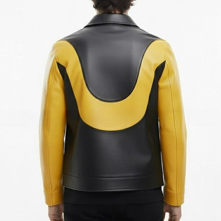 Mens Black  Yellow Genuine Leather Jacket  Modern Casual Style