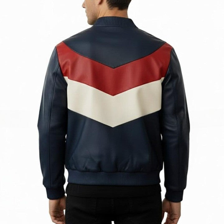 Mens Genuine Leather Bomber Jacket  Navy Red  Cream Panel Design